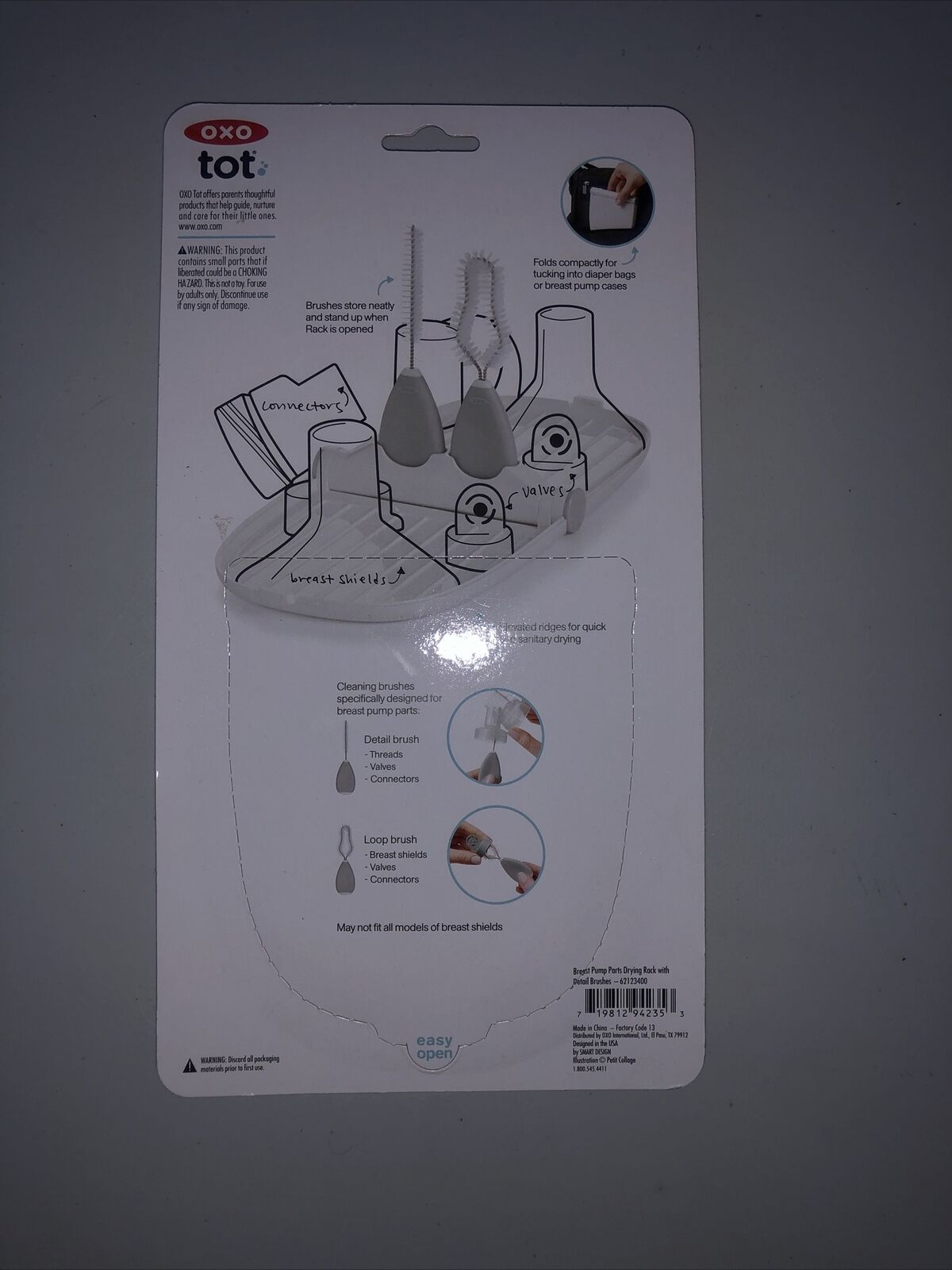 OXO Tot Breast Pump Parts Drying Rack with Detail Brushes, Gray